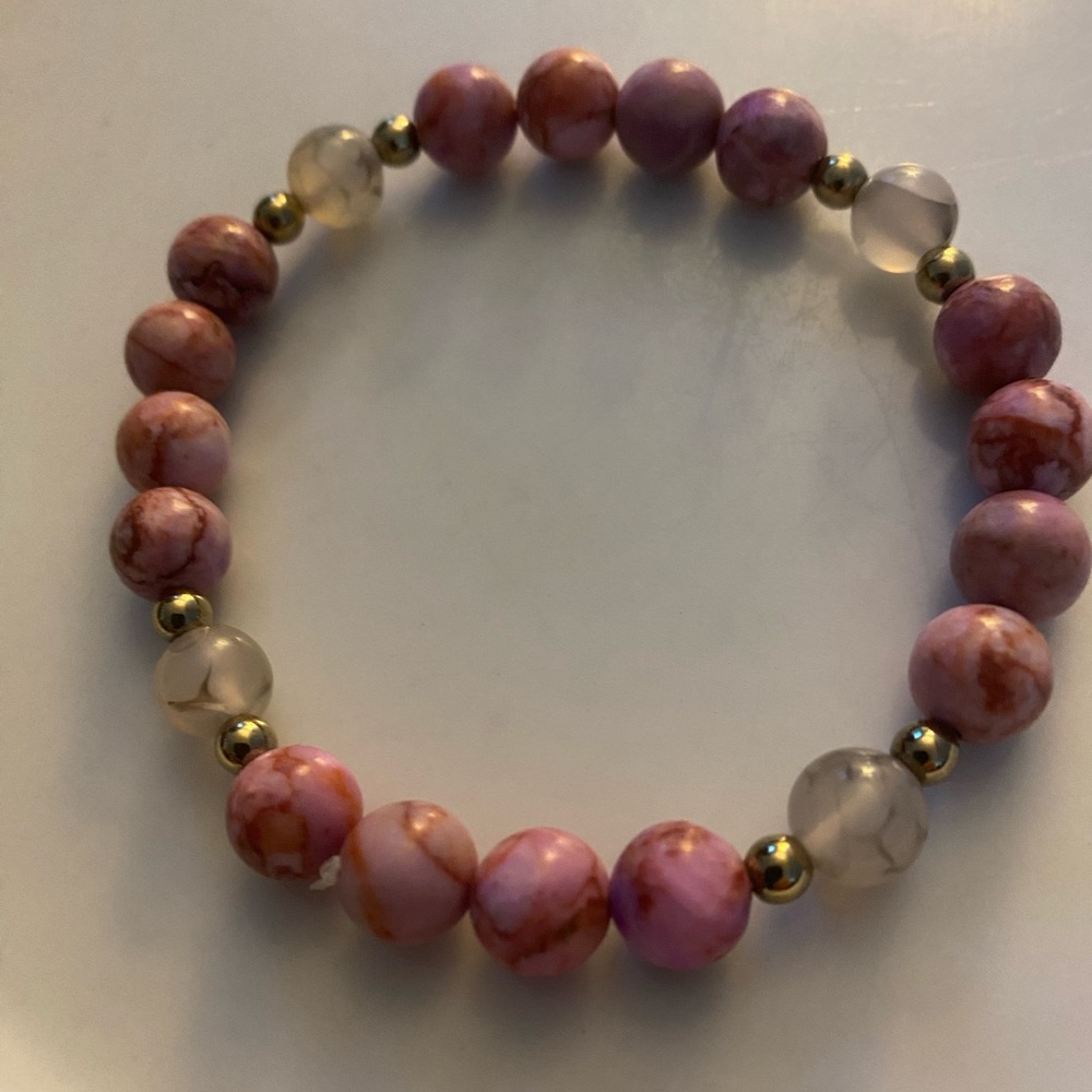 Hand Crafted Womans Bracelet Pyrite Spacers Agate and Pink Jasper New
